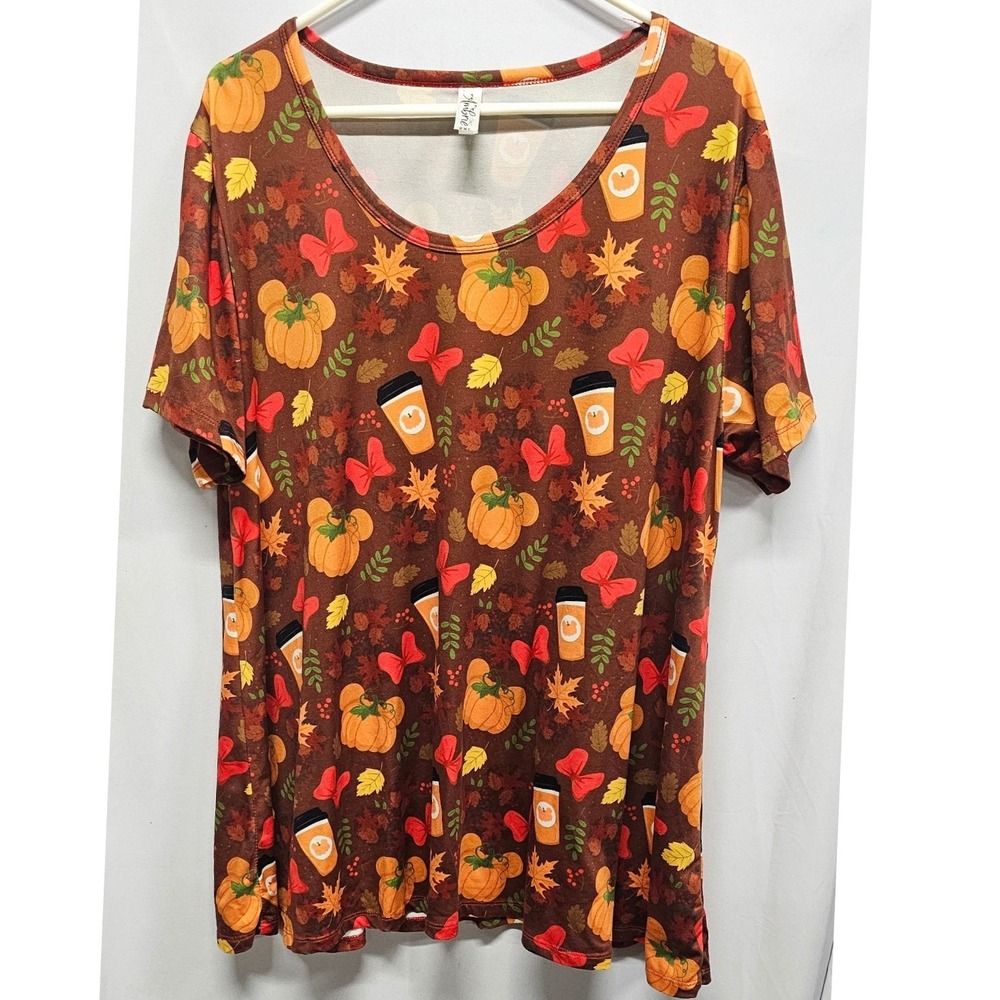 Ambrie Disney Fall Mickey Pumpkin Latte Brown Top 2XL Short Sleeve Scoop Neck